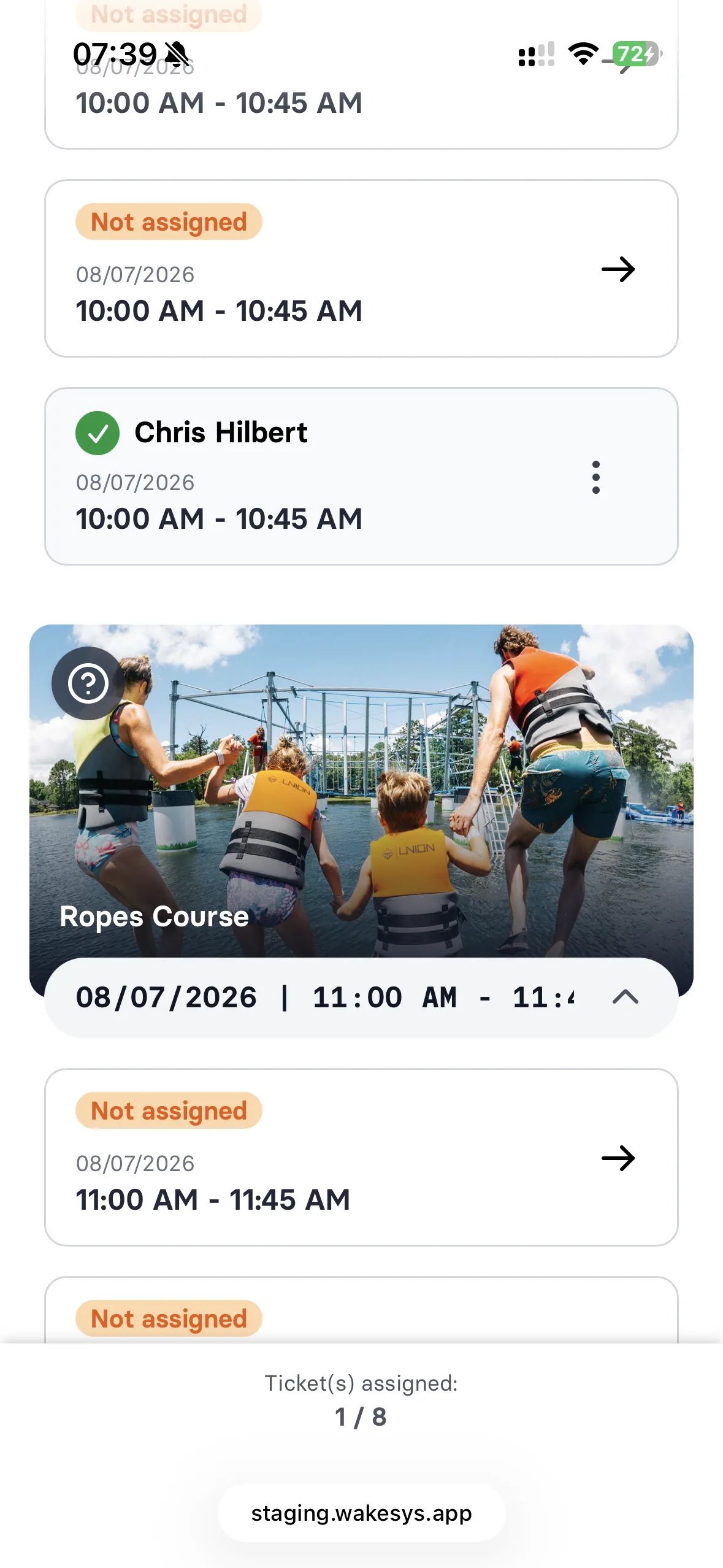 Eight tickets across two activities, assigned one at a time - 2