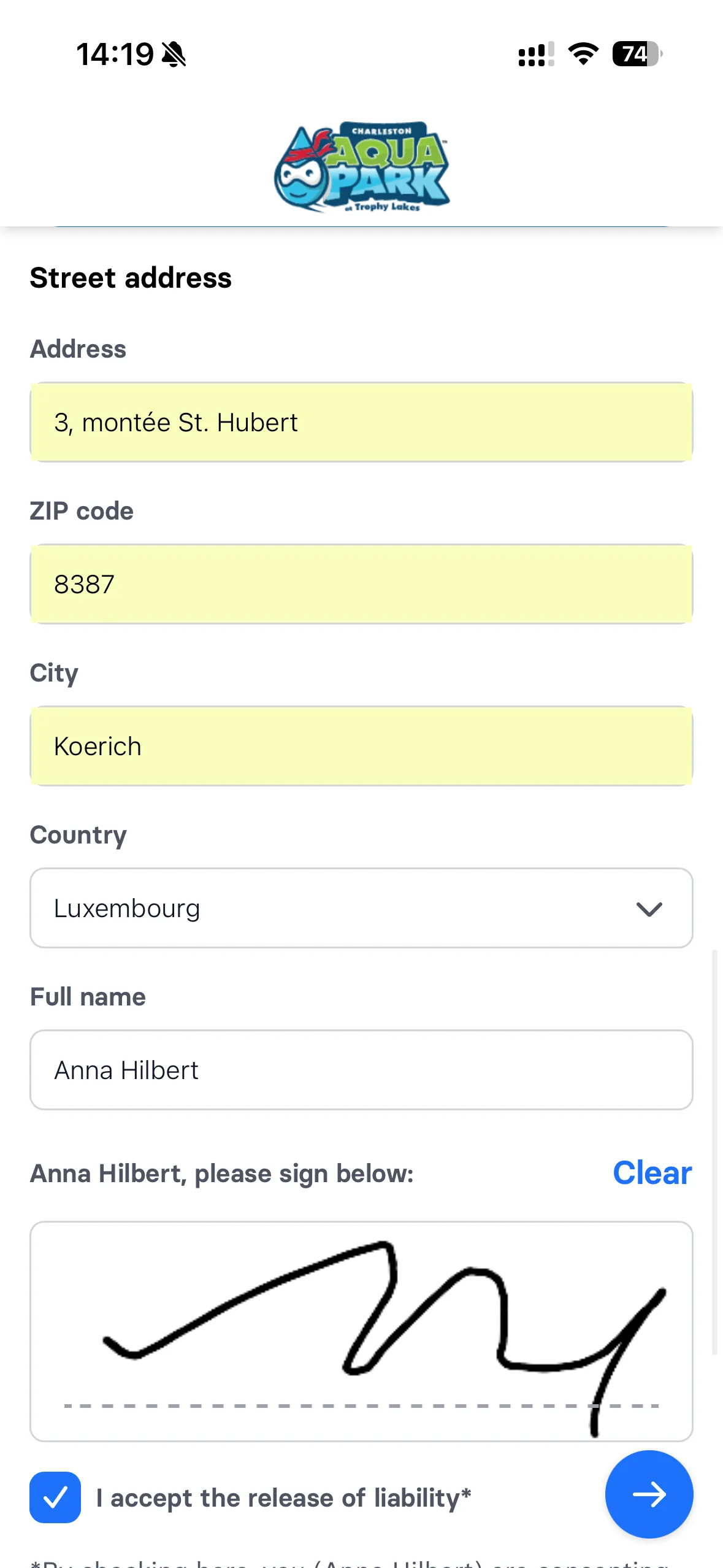 Digital waiver signing - step 2