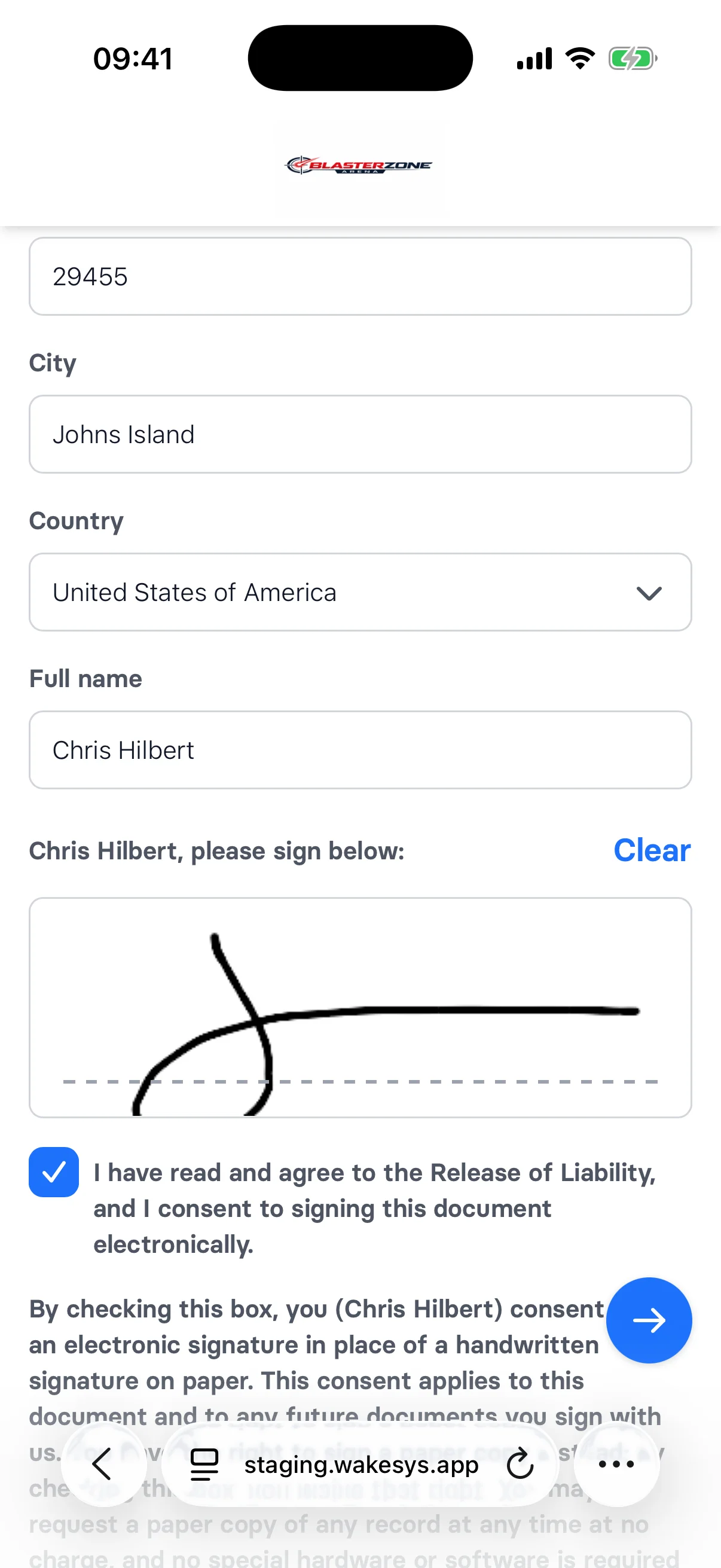 Digital waiver signing - step 2