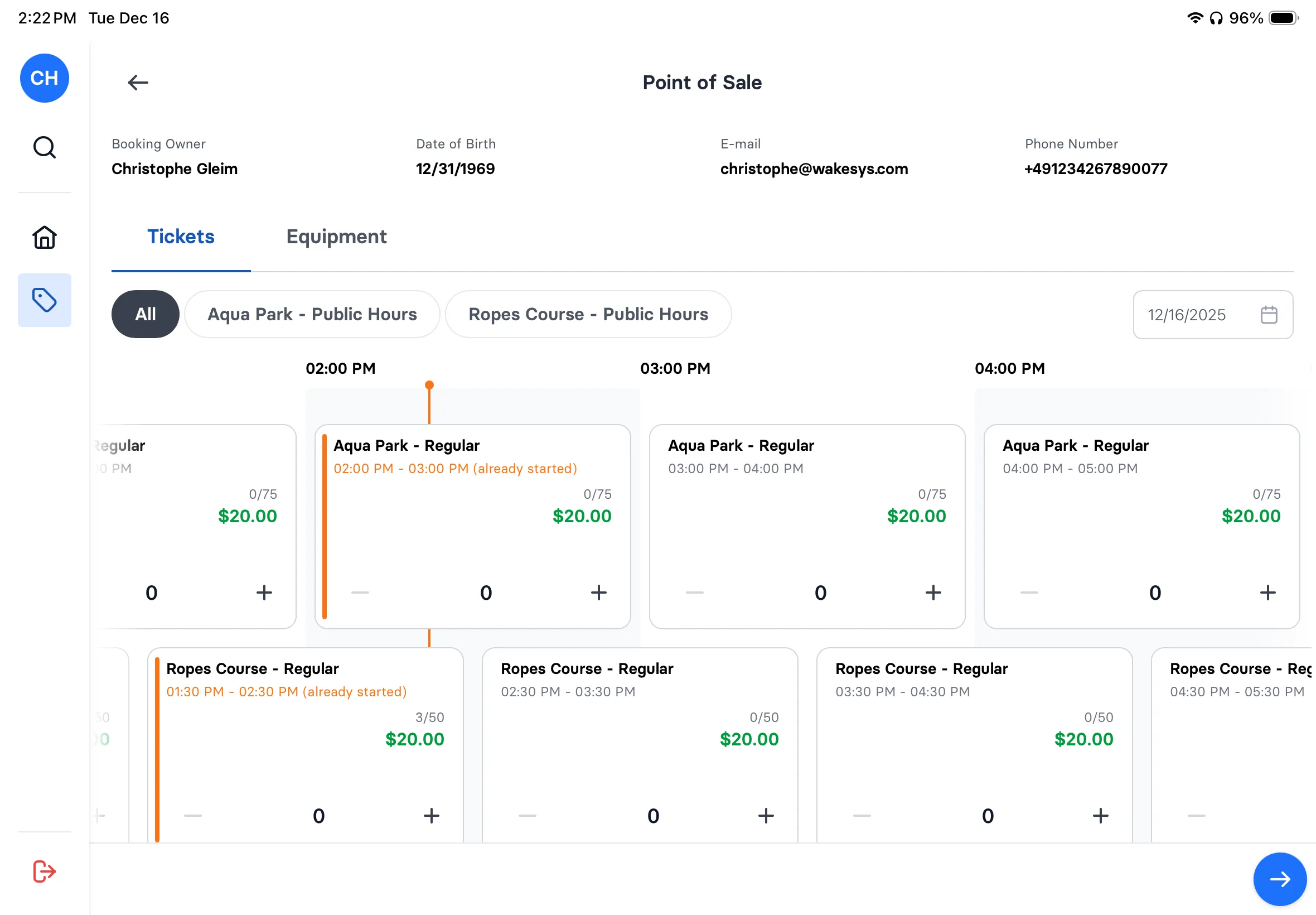 Walk-in ticket sales on iPad - step 2