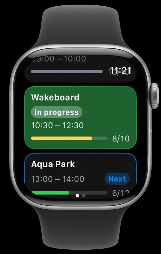 Today's sessions in the wakesys safety app: Wakeboard in progress, Aqua Park next